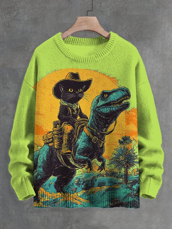 Men's The Fantasy Journey Of Cowboy Black Cat And Dinosaur Print Knit Sweatshirt