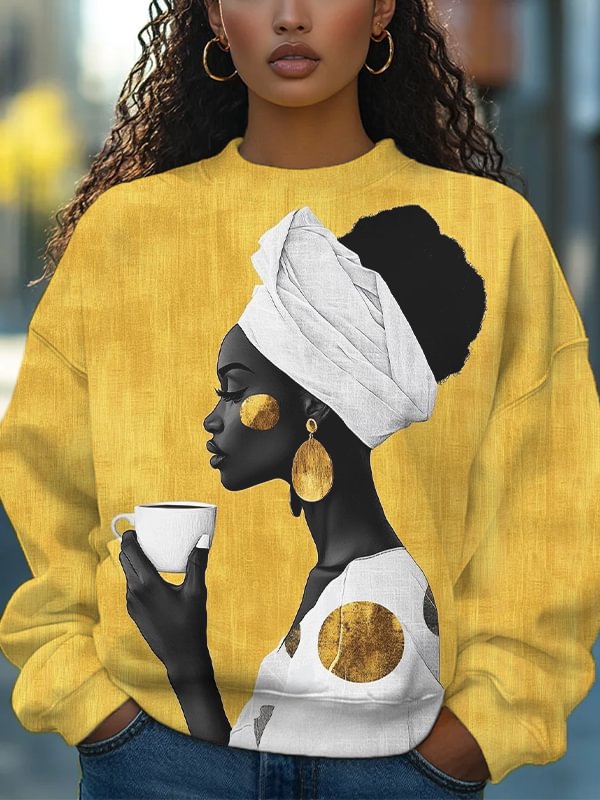 Women's Elegant Woman Drinking Coffee Art Print Casual Sweatshirt
