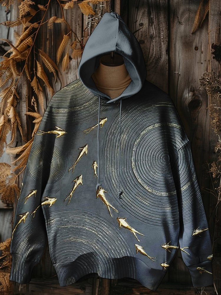 Men's Swirl Abstract Deep Sea Fish Relief Art Print Hooded Sweatshirt