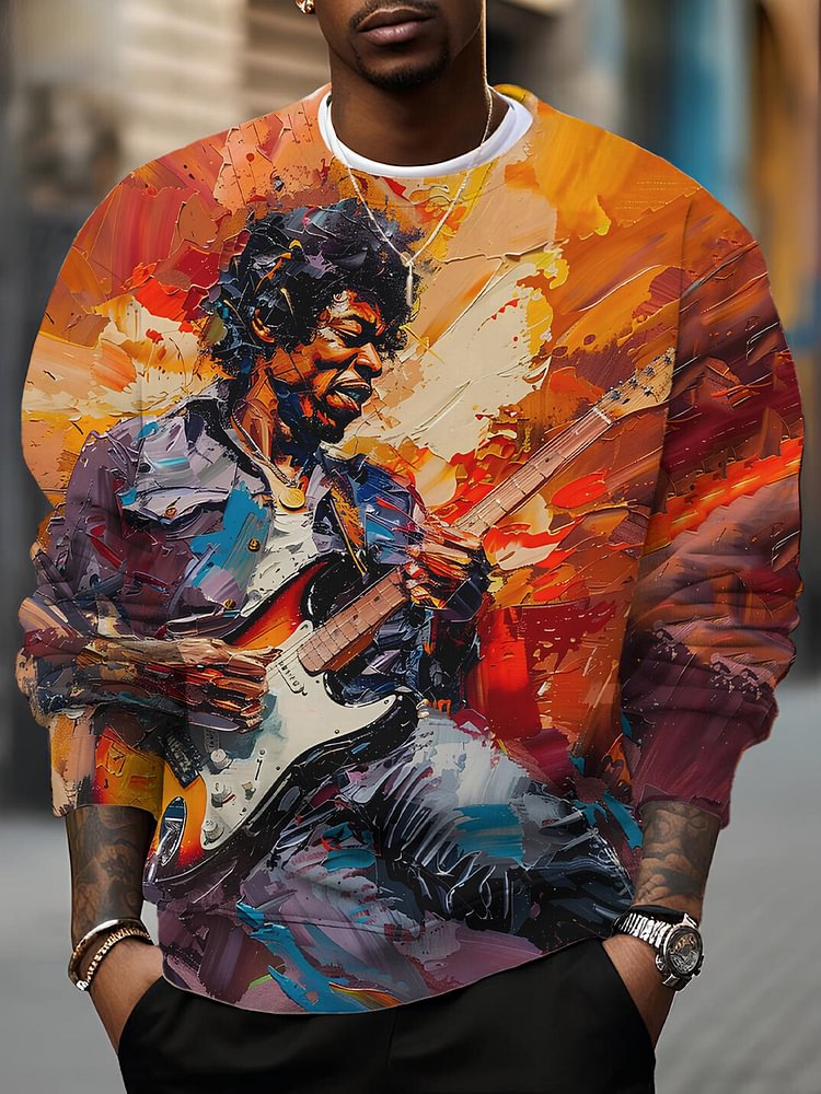 Men's Oil Painting Art Guitarist Print Casual Sweatshirt