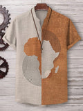 Men's Africa Map Colorblock Geometric Art Print Linen Blend V Neck T-Shirt
