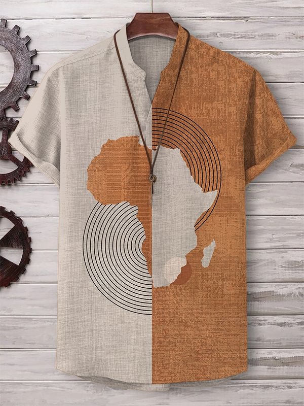 Men's Africa Map Colorblock Geometric Art Print Linen Blend V Neck T-Shirt