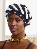 Women's Strip Rhinestone Decor Color Block Braid Turban Hat