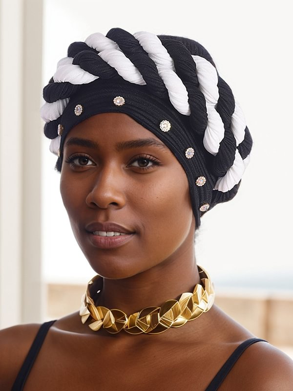 Women's Strip Rhinestone Decor Color Block Braid Turban Hat