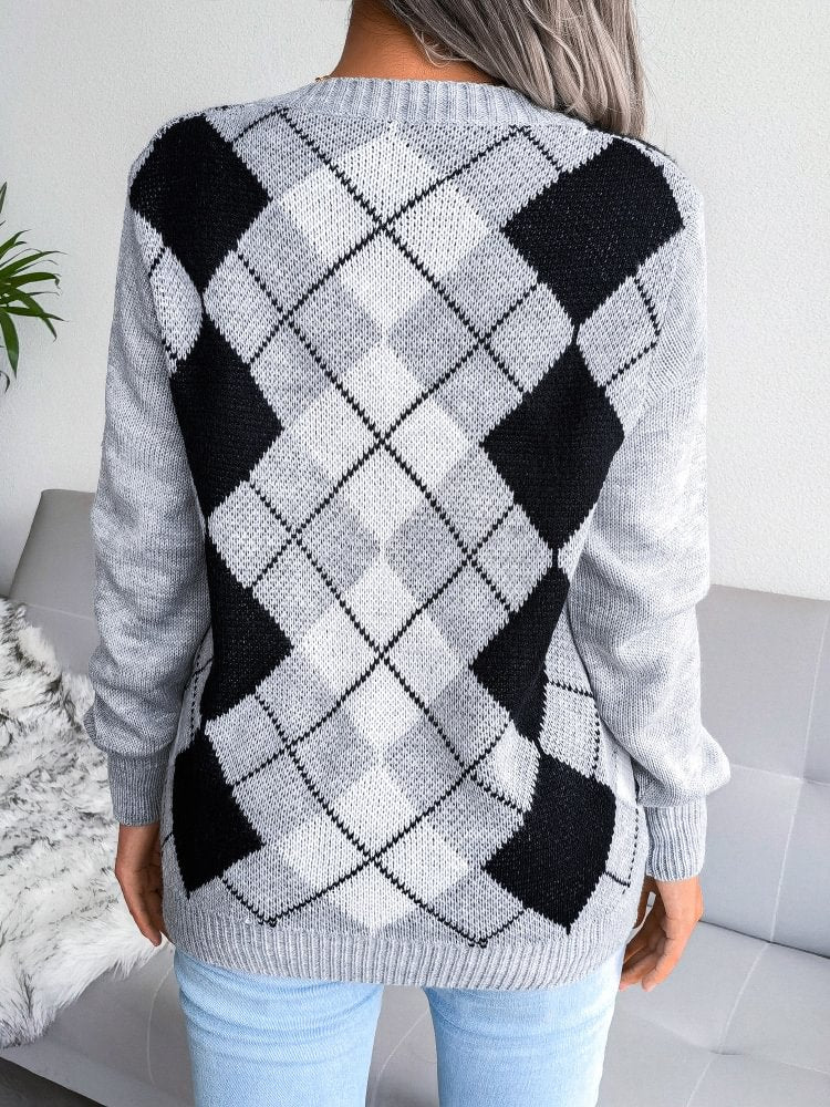 Women's Diamond Pattern V Neck Long Sleeve Casual Sweater
