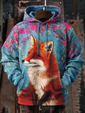 Men's Fox and Flower Art Print Casual Hoodie