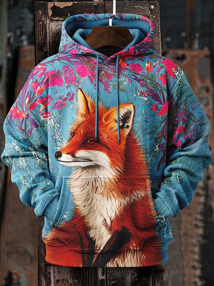 Men's Fox and Flower Art Print Casual Hoodie