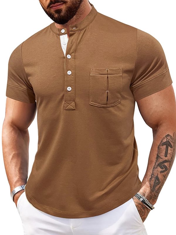 Men's Casual Plain Quilted Pocket Half Button Stand Collar Polo Shirt