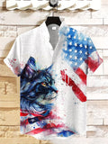 Men's Cat Patriot USA Flag Watercolor Art Print Linen Blend Shirt