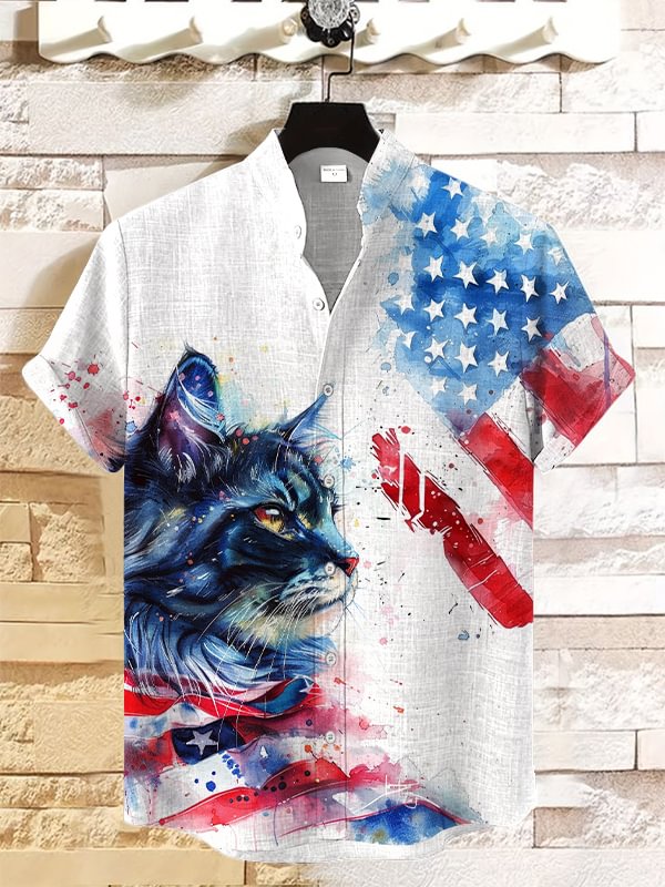Men's Cat Patriot USA Flag Watercolor Art Print Linen Blend Shirt