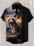 Men's Gentleman Raccoon Oil Painting Art Print Linen Blend Shirt