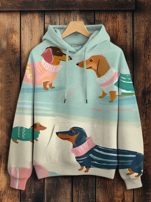 Women's Dachshund In Sweater Print Hooded Sweatshirt