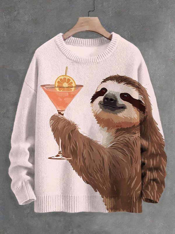 Men's Sloth Cheers Cocktail Art Print Knit Sweatshirt