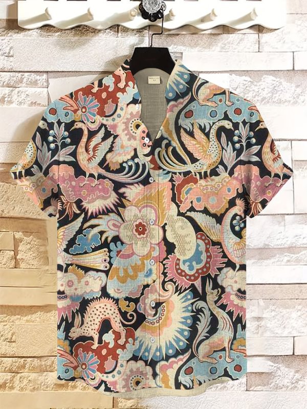 Men's Mythology Animals And Flowers Patterns Print Linen Blend Shirt