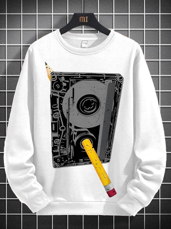 Men's Cassette Tape And Pencil Retro Art Print Cotton Long Sleeve T-Shirt Thin Sweatshirt