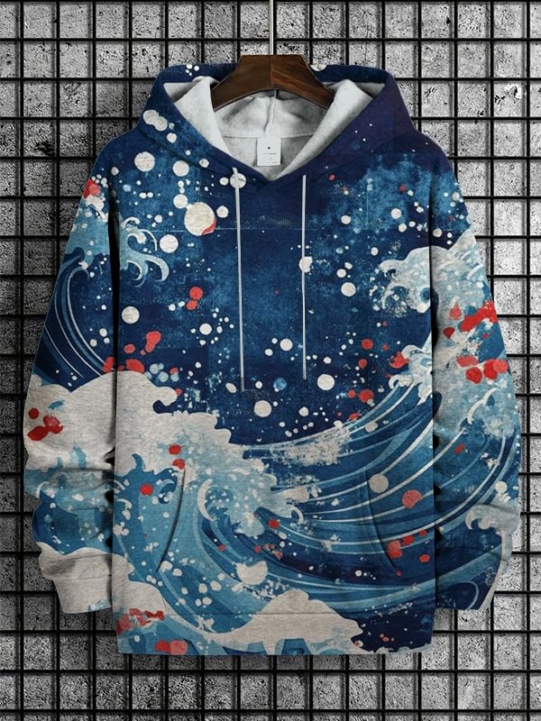 Men's Waves Japanese Art Print Casual Hoodie
