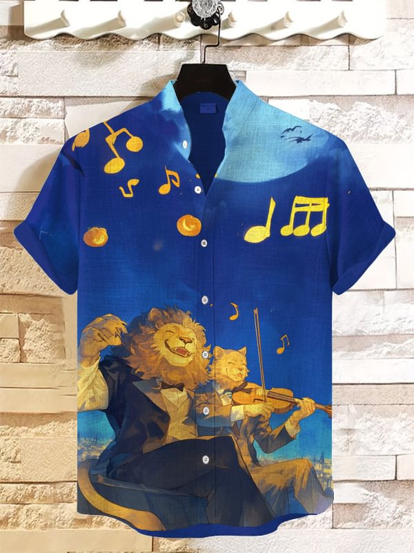 Men's Gentleman Lion Enjoys Music Art Print Short Sleeve Casual Shirt