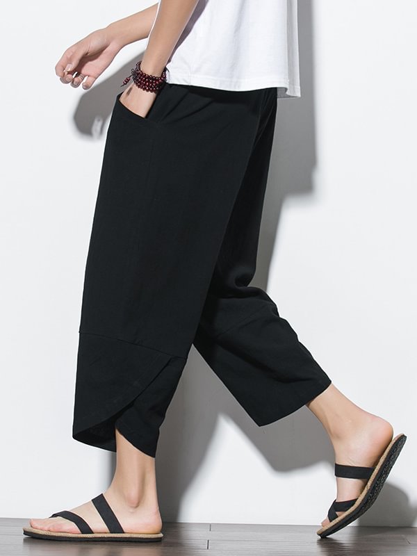 Men's Casual Pocket Drawstring Waist Wrapped Cuff Cotton Linen Crop Harem Pants