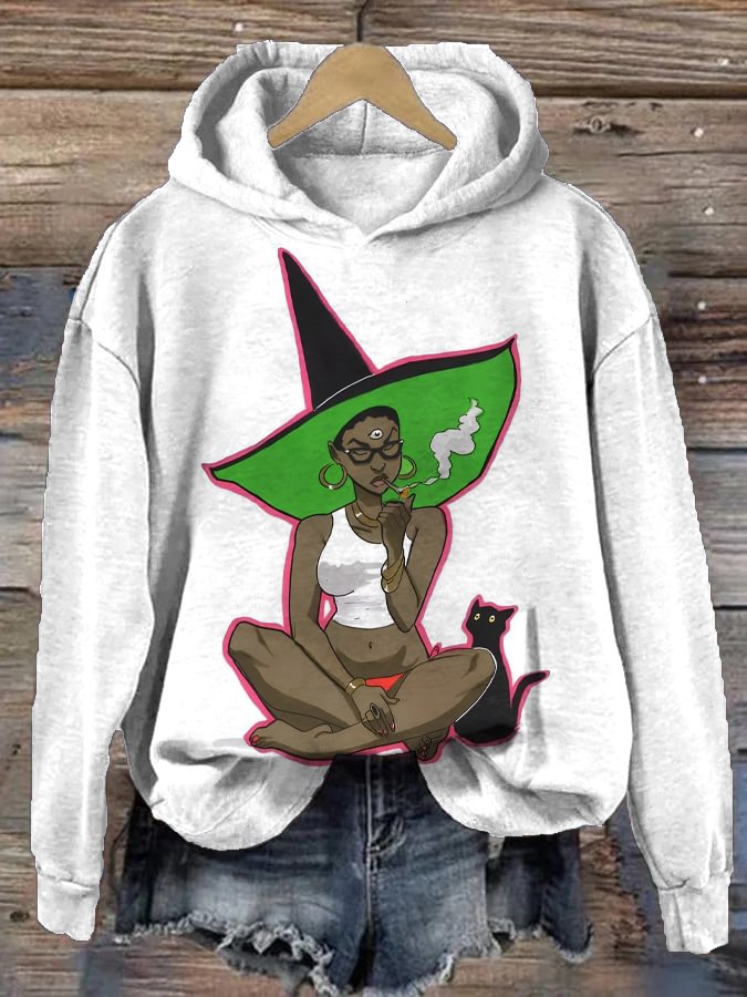 Women's Smoking Witch and Black Cat Print Casual Hoodie
