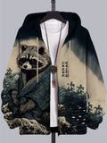 Men's Raccoon Rough Sea Waves Japanese Art Printed Casual Zip Up Hooded Jacket