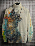 Men's Splash-Ink Art Cat Print High Neck Knit Sweatshirt