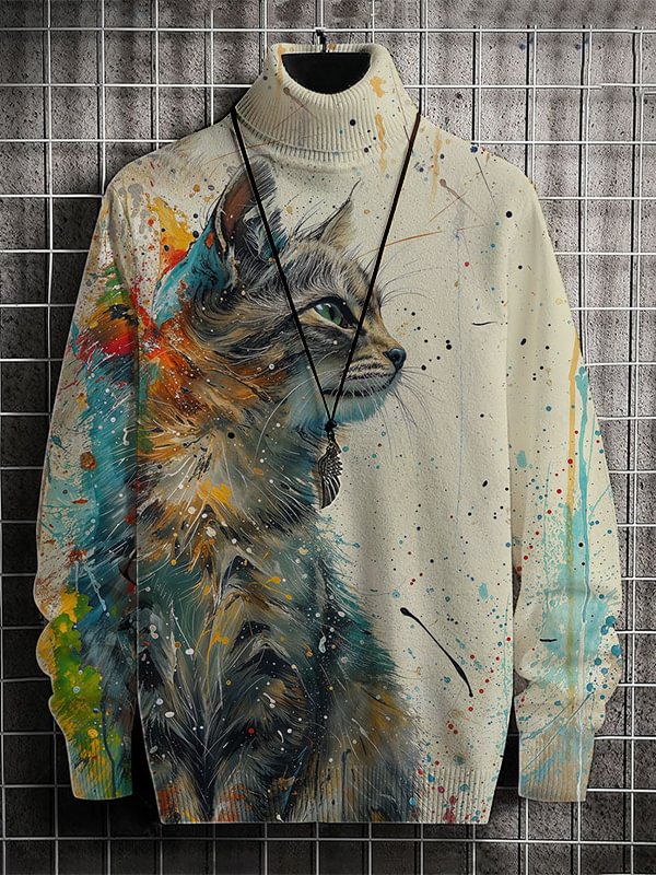 Men's Splash-Ink Art Cat Print High Neck Knit Sweatshirt