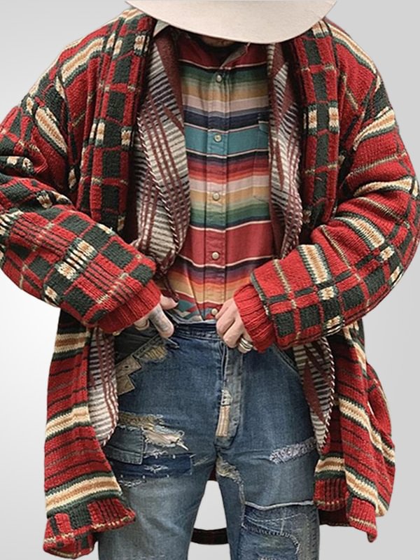 Men's Plaid Print Open Front Mid-Length Knit Cardigan