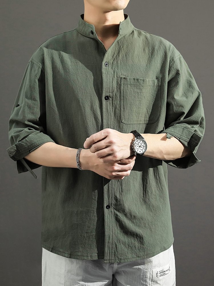 Men's Cotton And Linen Casual Stand-up Collar Roll Tab 3/4 Sleeve Shirt