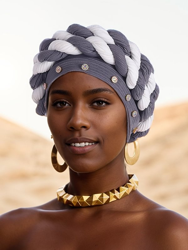 Women's Strip Rhinestone Decor Color Block Braid Turban Hat