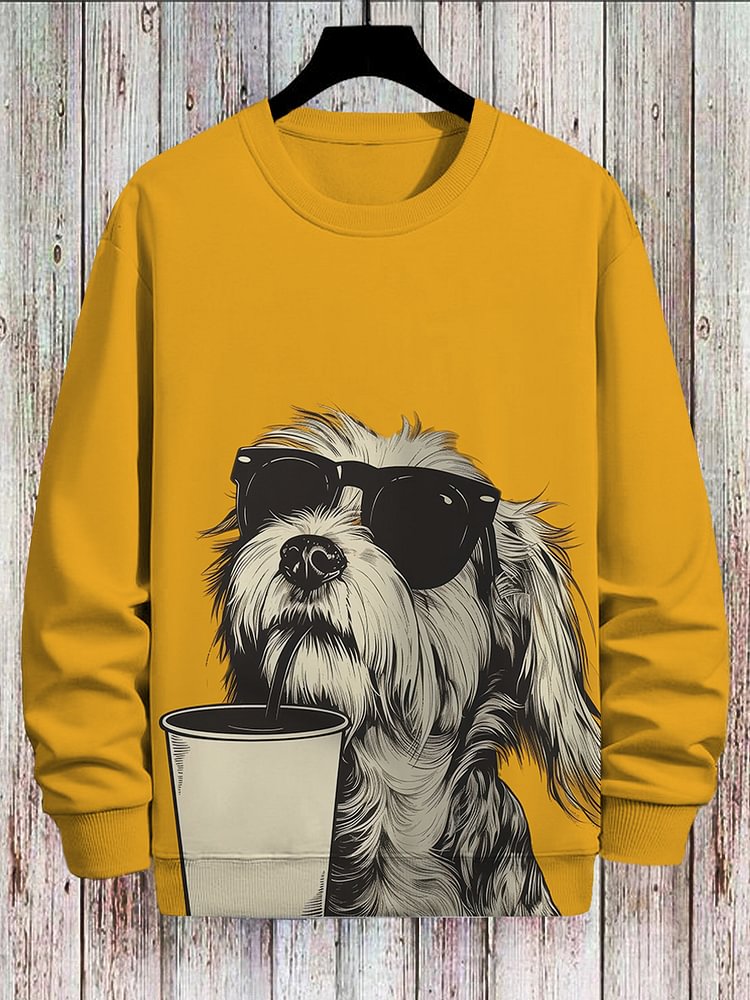 Men's Fun Sunglasses Dog Drinking Print Casual Sweatshirt