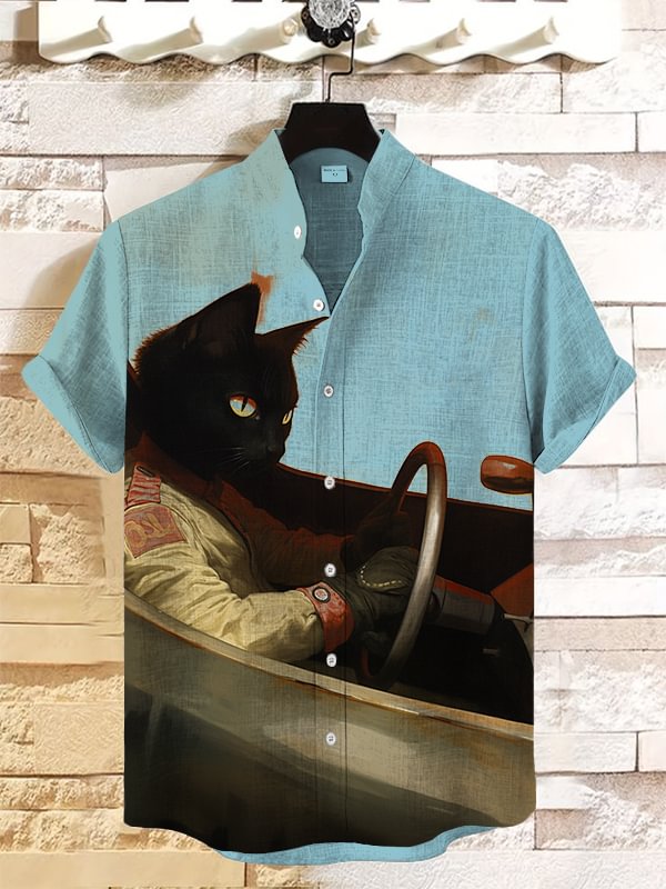 Men's Cool Black Cat Racer Art Print Casual Shirt
