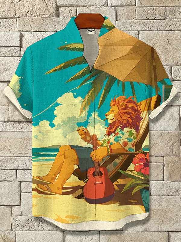 Men's Hawaiian Leisure Lion Resort Art Print Casual Shirt