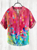 Men's Stacked Plaid Oil Painting Art Print Half Button Linen Blend Shirt