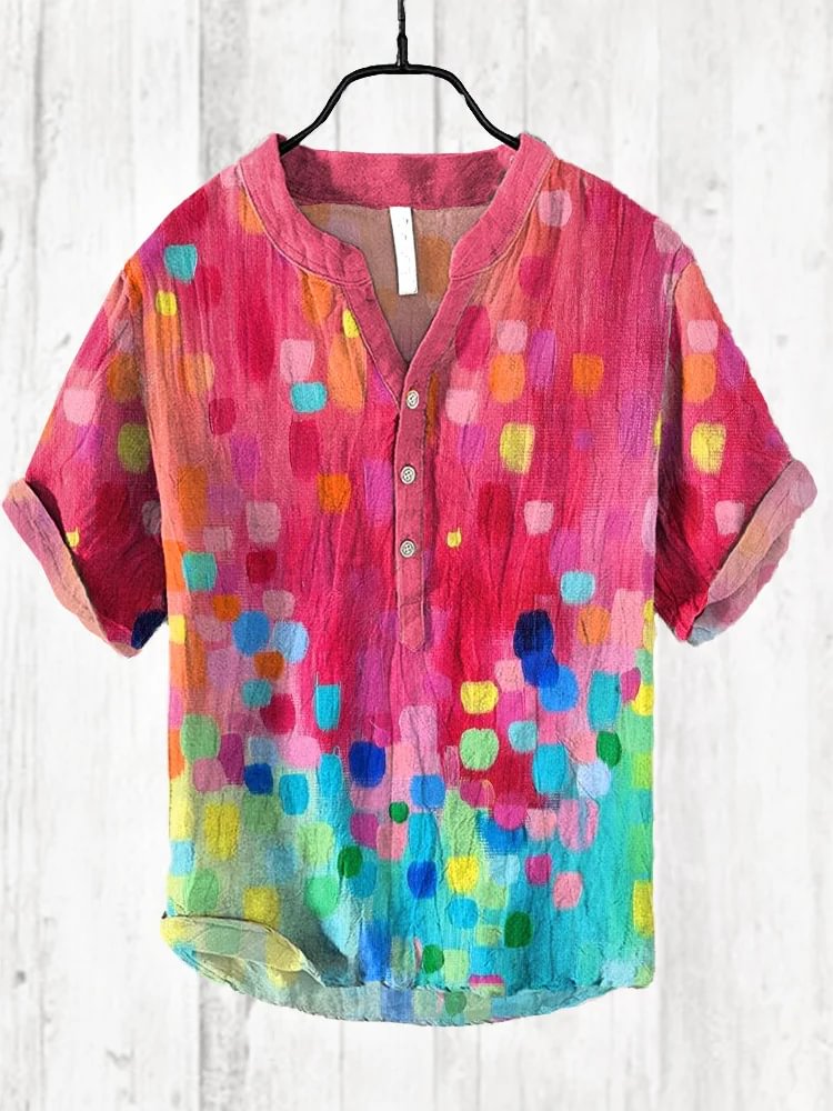 Men's Stacked Plaid Oil Painting Art Print Half Button Linen Blend Shirt