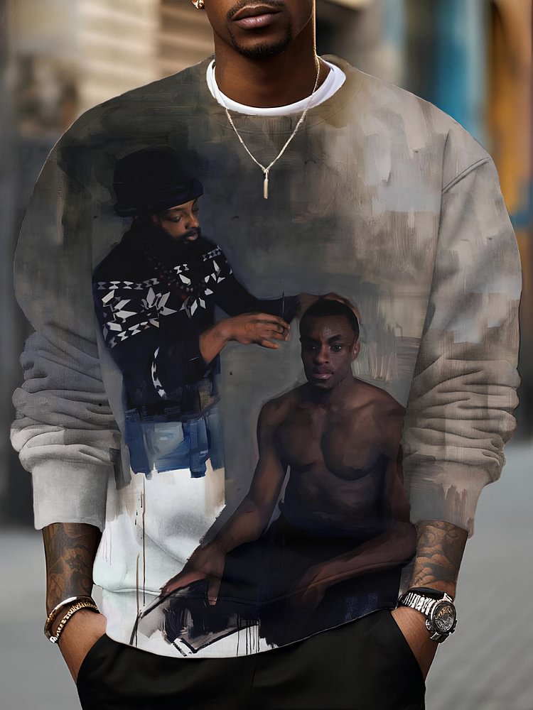 Men's Black Man Haircut Oil Painting Print Casual Sweatshirt