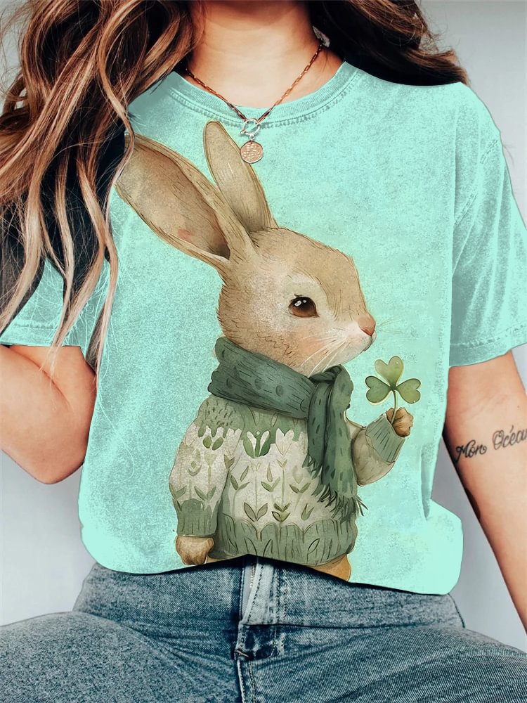 Women's Rabbit And Clover Watercolor Art Print Casual T-Shirt