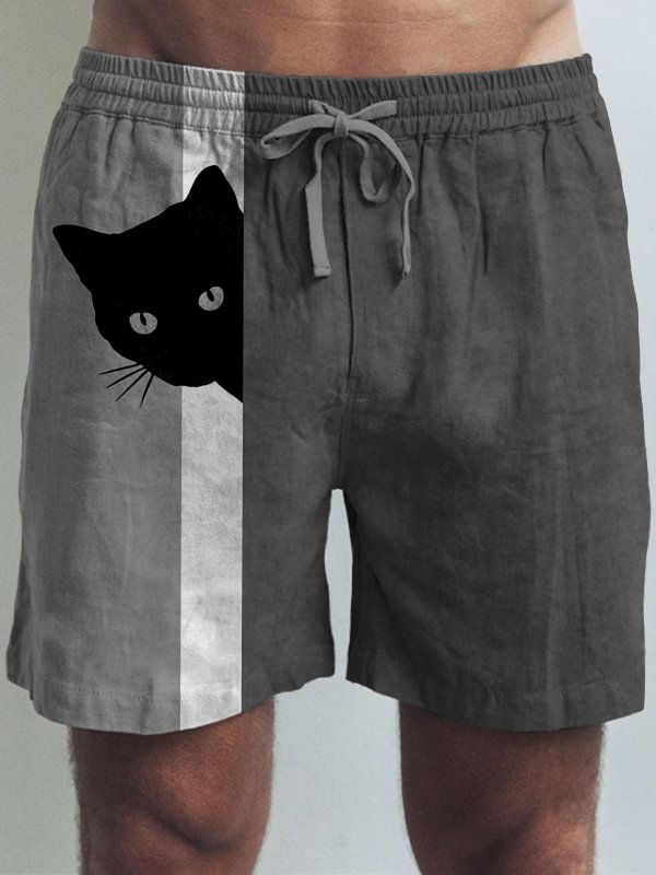 Men's Fun Hide And Seek Black Cat Print Casual Shorts