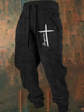 Men's Cross Slogan Print Retro Sweatpants
