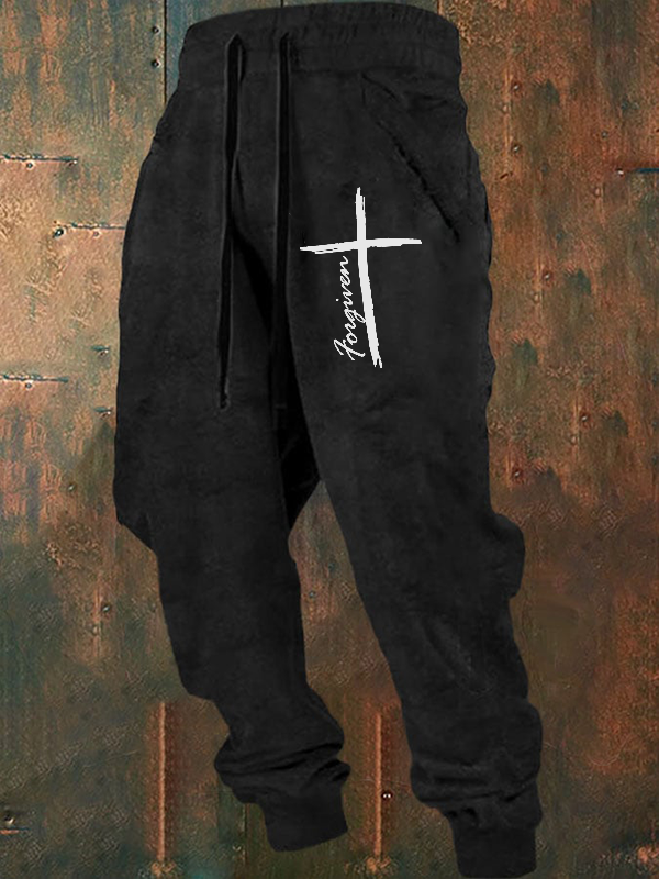 Men's Cross Slogan Print Retro Sweatpants