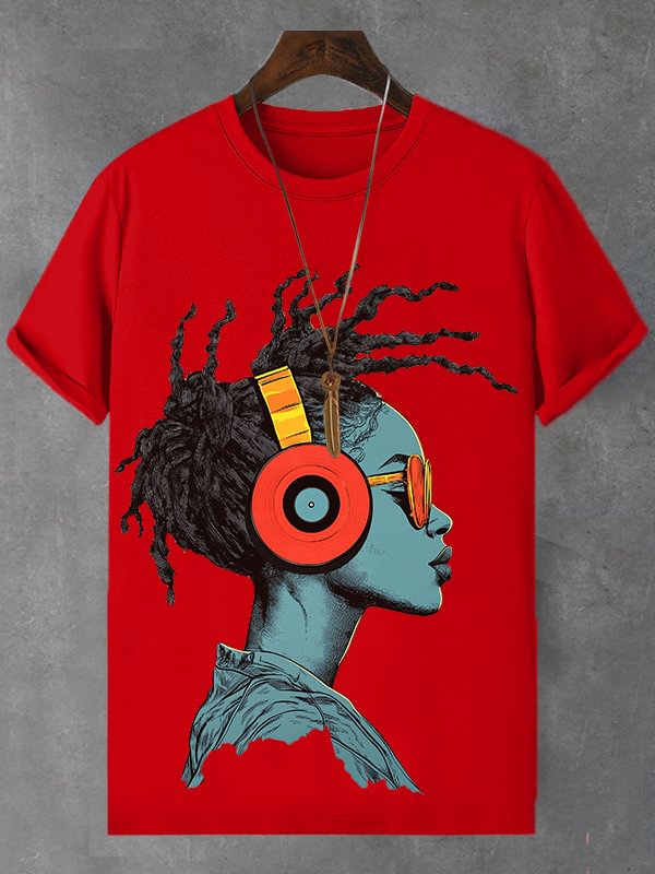 Men's Funny African Music Girl Print Cotton Casual T-Shirt