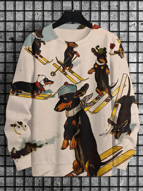 Men's Dachshund Skiing Art Print Casual Sweatshirt