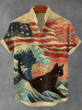 Men's Retro Patriotic Black Cat Wave Ukiyo-e Art Print Linen Blend Shirt