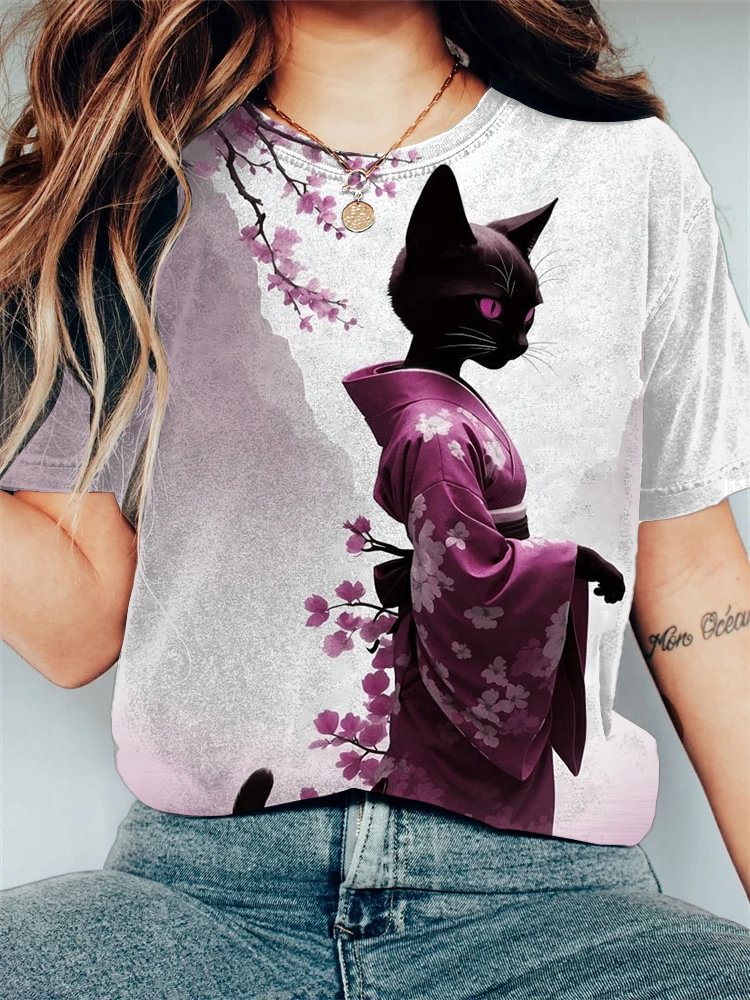 Women's Elegant Sakura Kimono Cat Art Print Casual T-Shirt