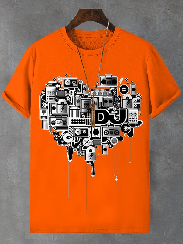 Men's Vintage Heart Pattern Music Art Print Cotton Casual T-Shirt