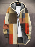 Men's Colourful Color Block Plaid Art Print Fleece Lined Hooded Trench Coat