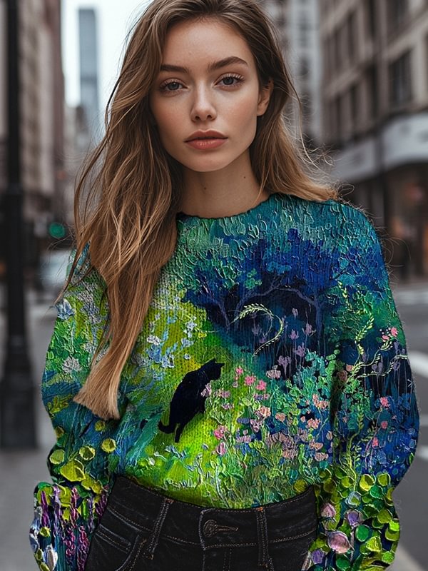 Women's Cat In The Flowers Art Print Knit Sweatshirt
