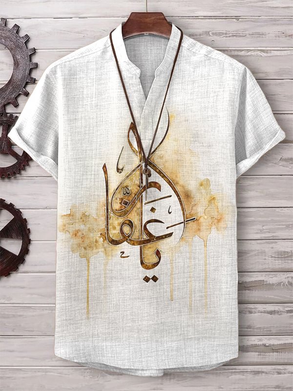 Men's Calligraphy Pattern Oud Watercolor Art Print Casual V Neck T-Shirt