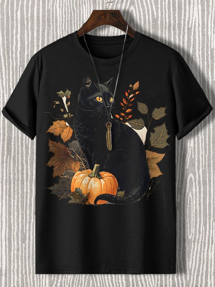 Men's Halloween Plant Black Cat Pumpkin Illustration Print Cotton Casual T-Shirt