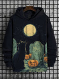 Men's Full Moon Mystical Black Cat Cemetery Print Casual Hoodie