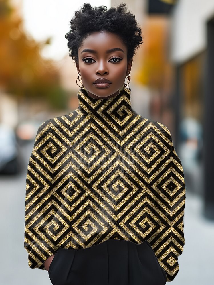 Women's Geometric Graphic Print High Neck Knit Sweatshirt